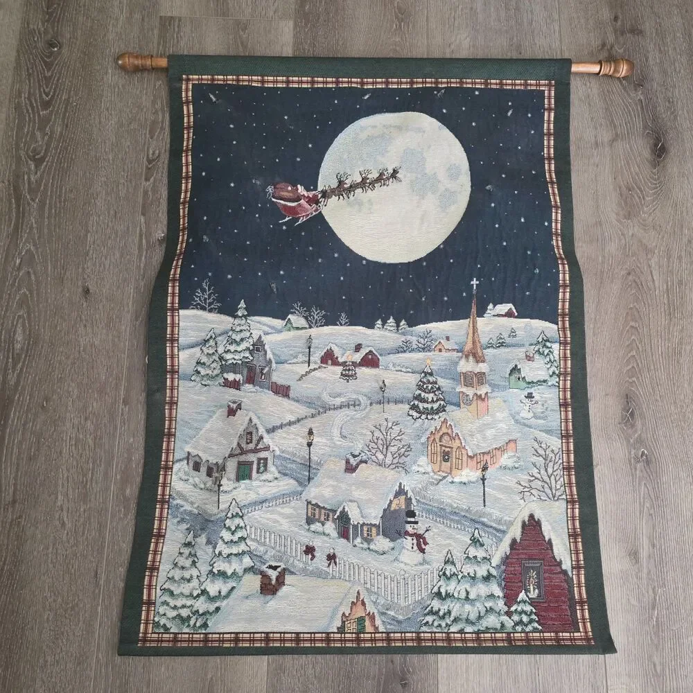 Wall Hanging Tapestry Winter Village Scene Textile Art Nostalgic W/ Lights USA